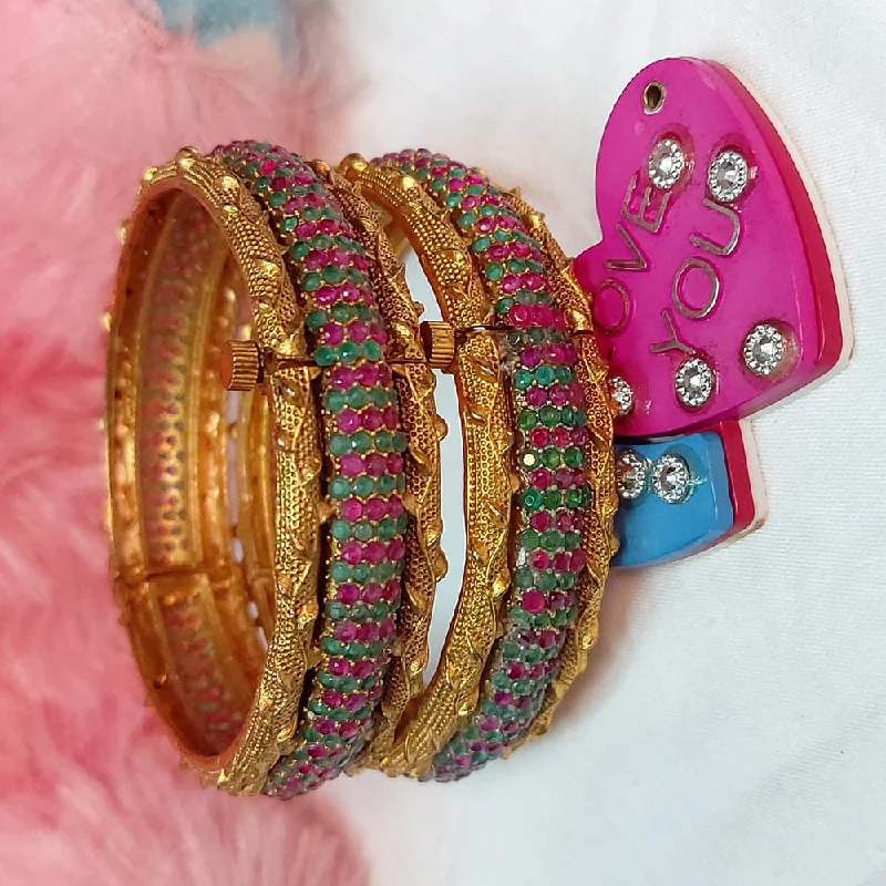 Handmade Bangles with Gemstones for Brides-Gold Plated Pota Stone Bangles Set