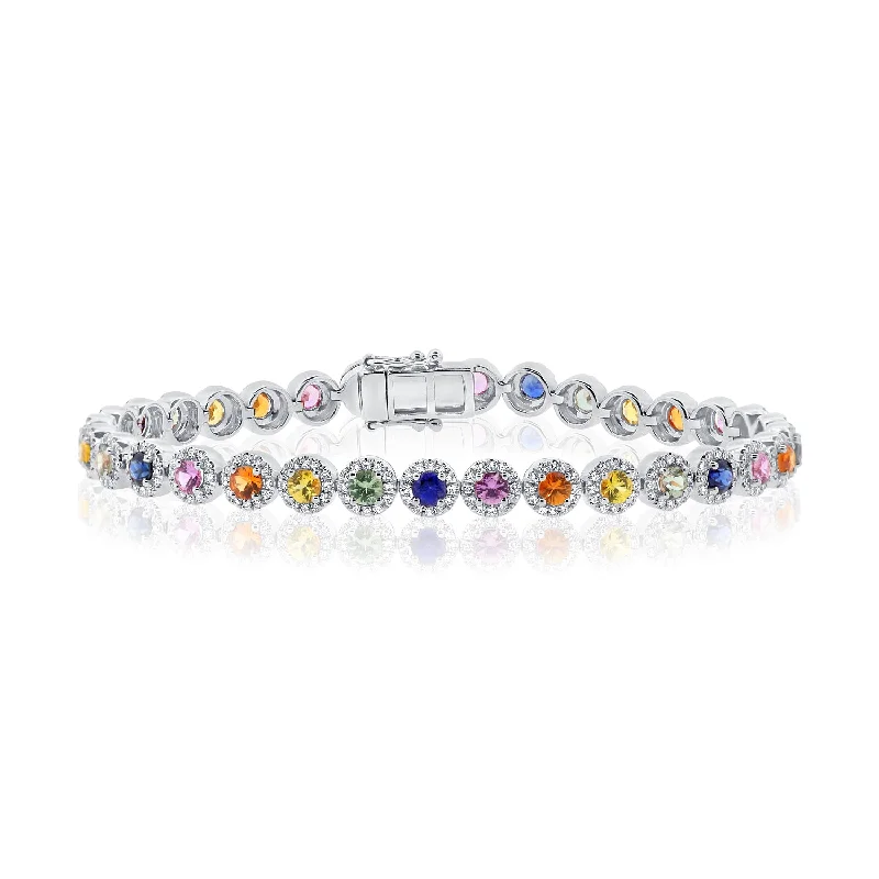 Classic Gold Bracelet for Brides-14K White Gold Diamond and Colored Gemstone Bracelet