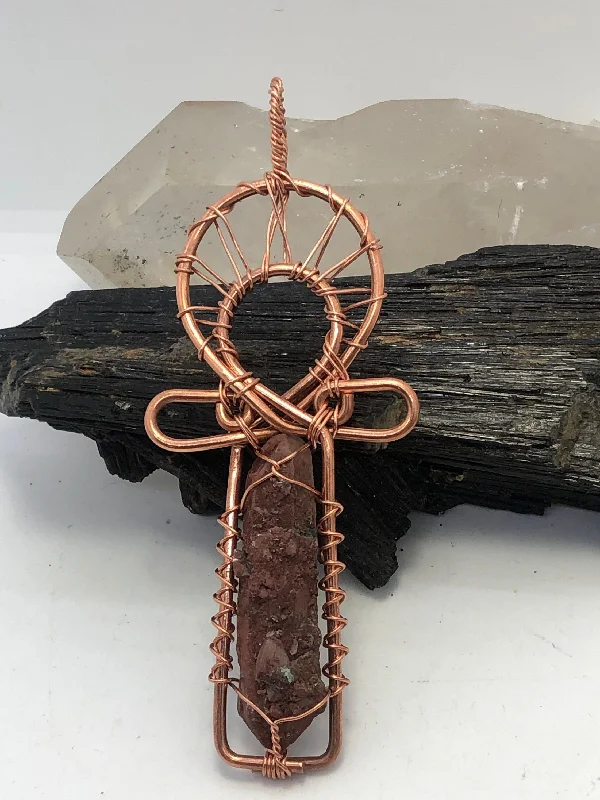 Black Necklace for Fashionable Women-Hematoid Red Quartz Copper Egyptian Kemetic Coptic Cross  Ankh Wirewrapped Wearable Pendant Necklace