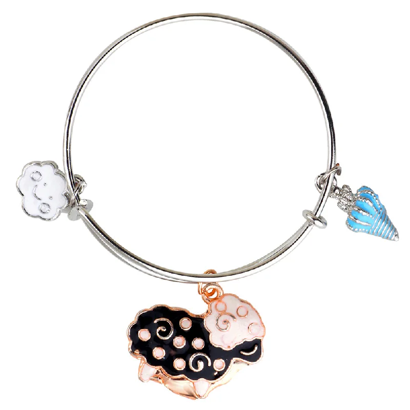 Custom Silver Bangles for Personalized Jewelry-Mahi Rhodium Plated Cloud Ship & Shell Shaped Colorful Enamel Work Charms Kids Bracelets for Kids (BRK1100919M)