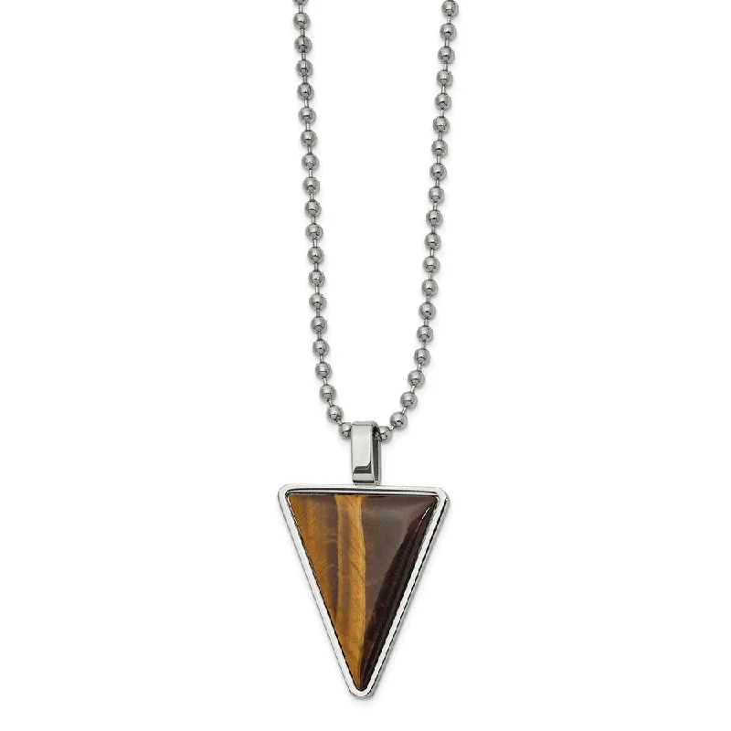 Elegant Pearl Necklace-Men's Stainless Steel & Tiger's Eye Triangle Necklace, 24 Inch