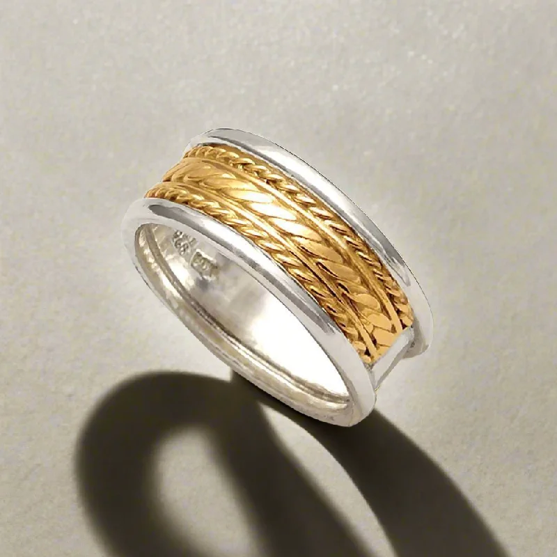 Vintage Wedding Ring for Couples-Three line rope ring in Sterling Silver with Gold 14k (DX-32)