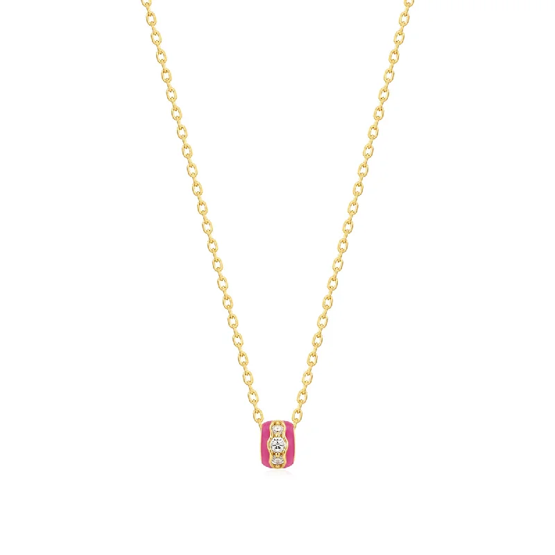 Elegant Wedding Necklace for Brides-Gold Plated Pink Enamel & CZ Channel Rondelle Necklace