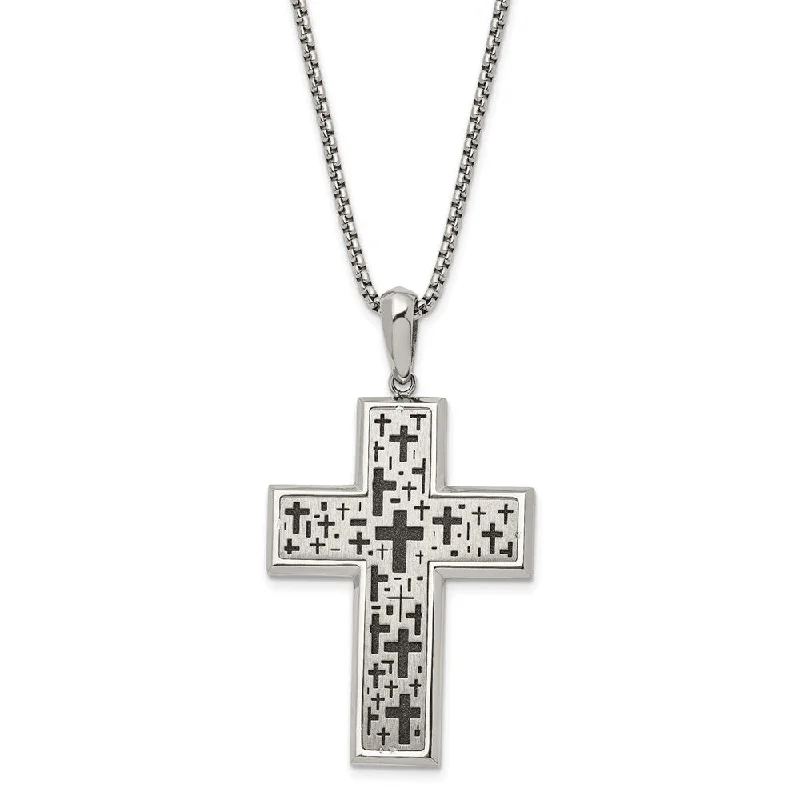 Unique Handmade Necklace-Stainless Steel Two Tone Brushed & Laser Cut Cross Necklace, 24 In