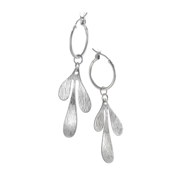 Large Drop Earrings for Fashion-Hot Tomato Leaf Charm Captured on Hoop Earrings in Worn Silver