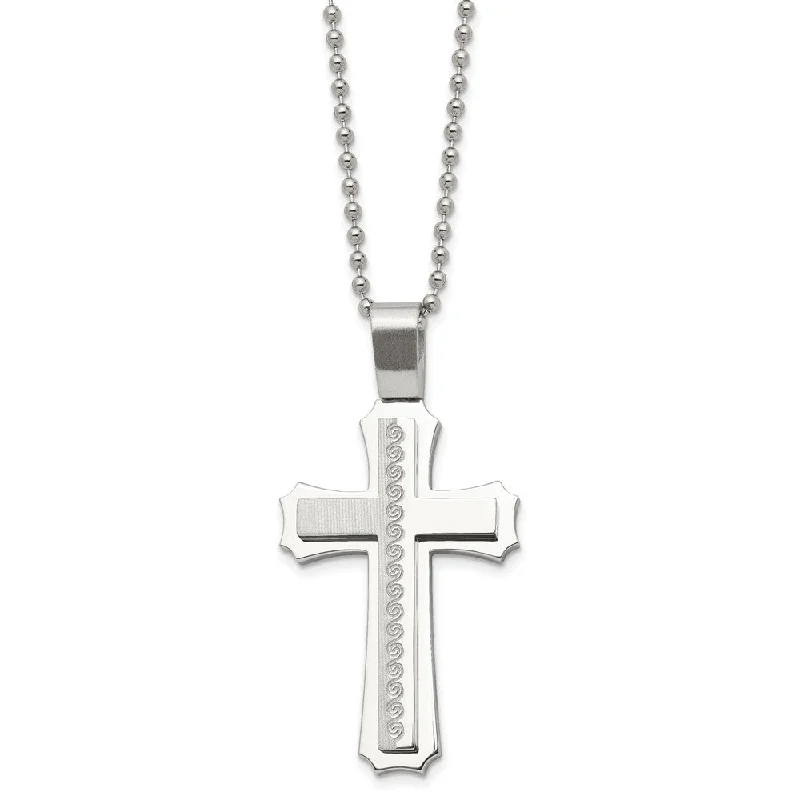 Elegant Chain Necklace for Casual Style-Men's Stainless Steel Brushed & Polished Swirl Cross Necklace, 24 Inch