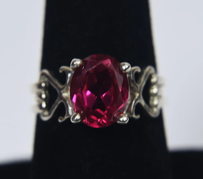 Elegant Diamond Wedding Ring-Sterling Silver Synthetic Ruby Ring - Size 7.5