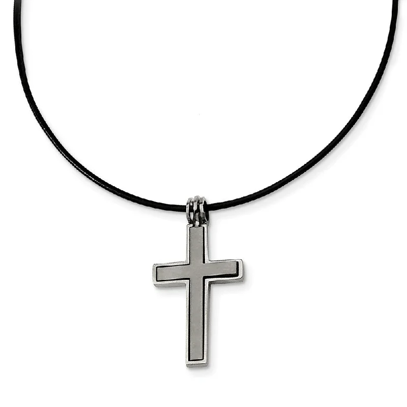 Multi-layer Necklace for Fashion-Titanium 2 Piece Cross and Black Leather Cord Necklace 18 Inch