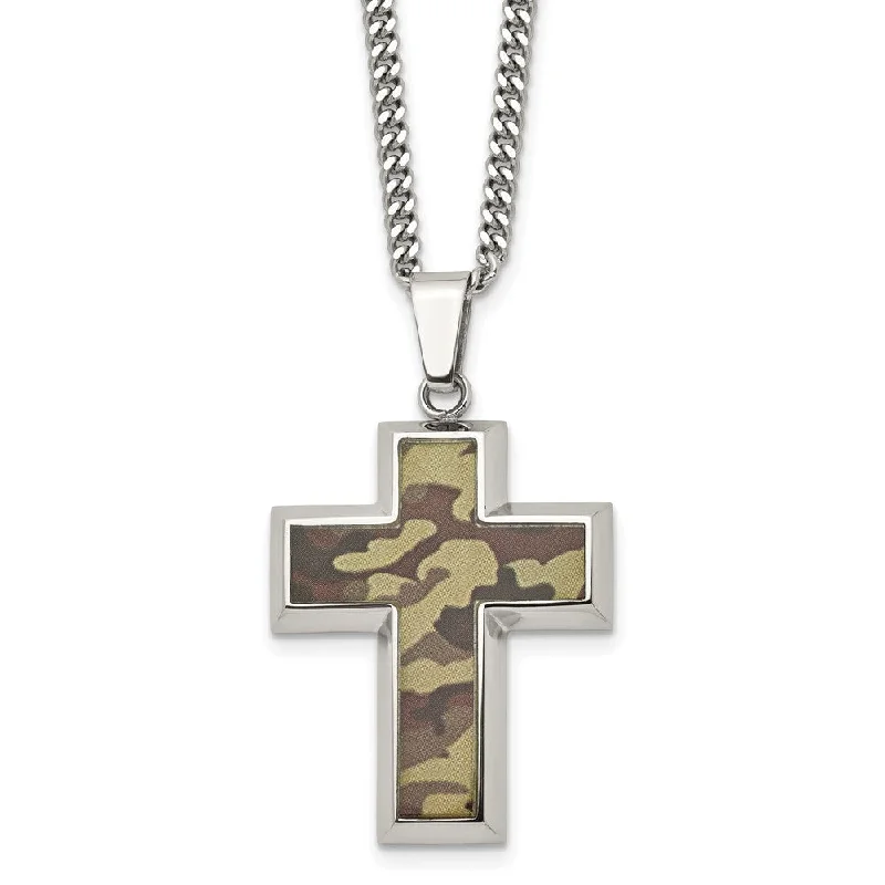 Simple Silver Pendant Necklace-Men's Stainless Steel Printed Brown Camo Cross Necklace, 22 inch