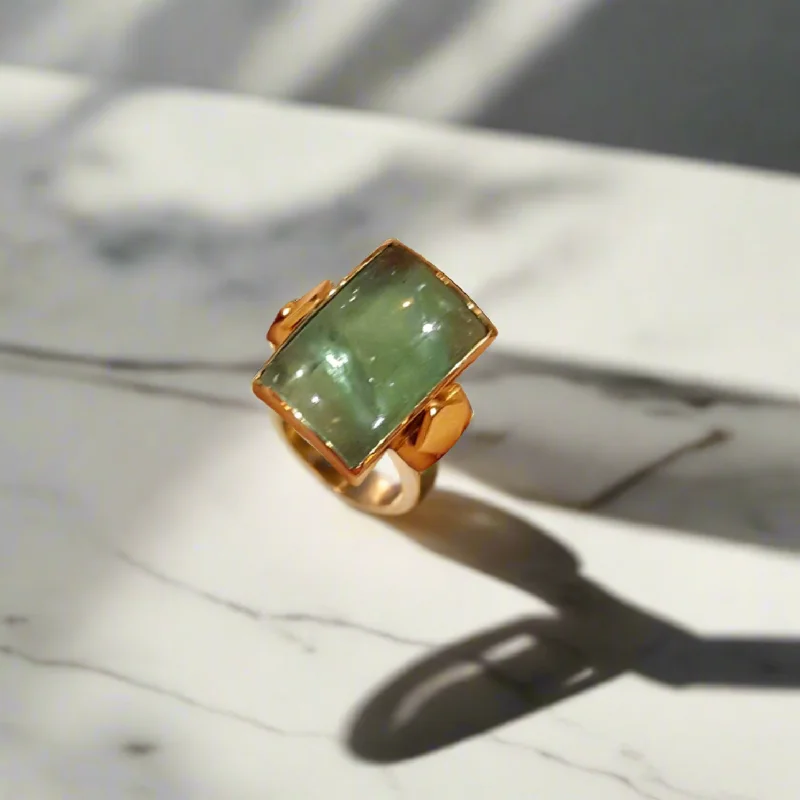 Simple Silver Ring for Bridesmaids-Ring in 18k Gold with a Fluorite Cabochon (B-94)