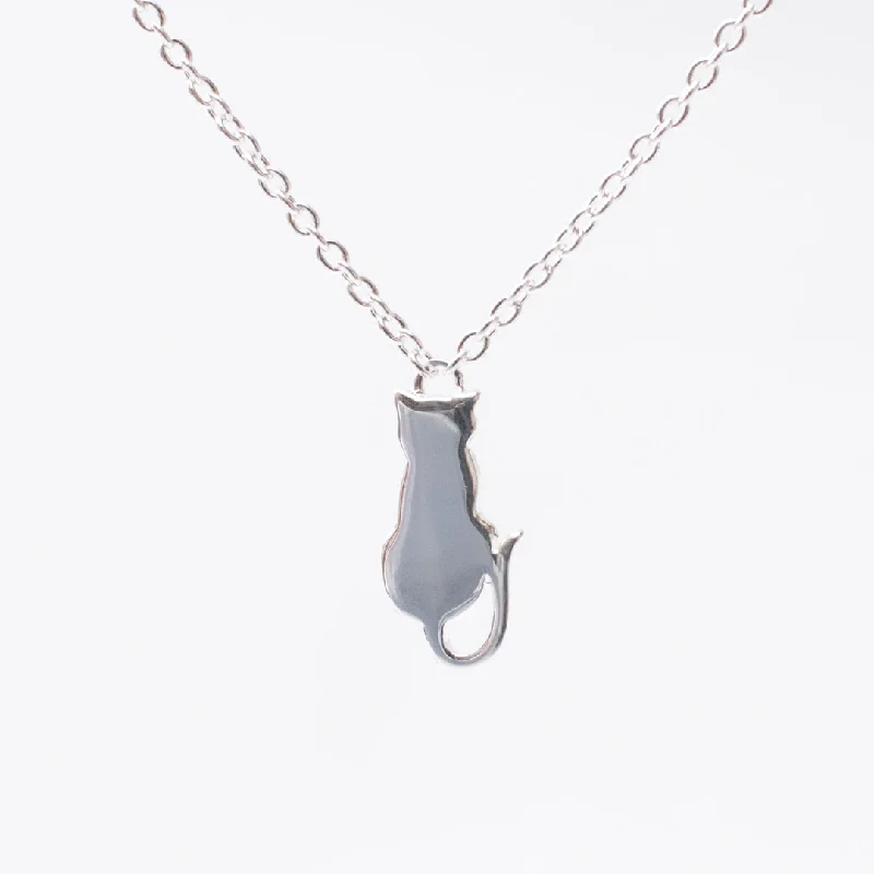 Long Pendant Necklace-Silver Sitting Cat Necklace