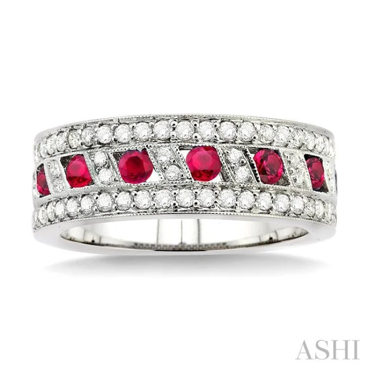 Chunky Statement Ring for Women-5/8 Ctw Round Cut Diamond and 2.6 mm Round Cut Ruby Band in 18K White Gold