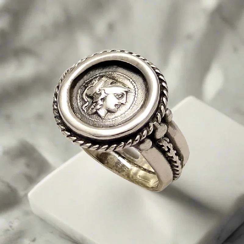 Large Ring with Gemstone for Fashion-Athena Goddess Coin Ring, Greek Drachma coin ring, Handmade Ring (DT-101)