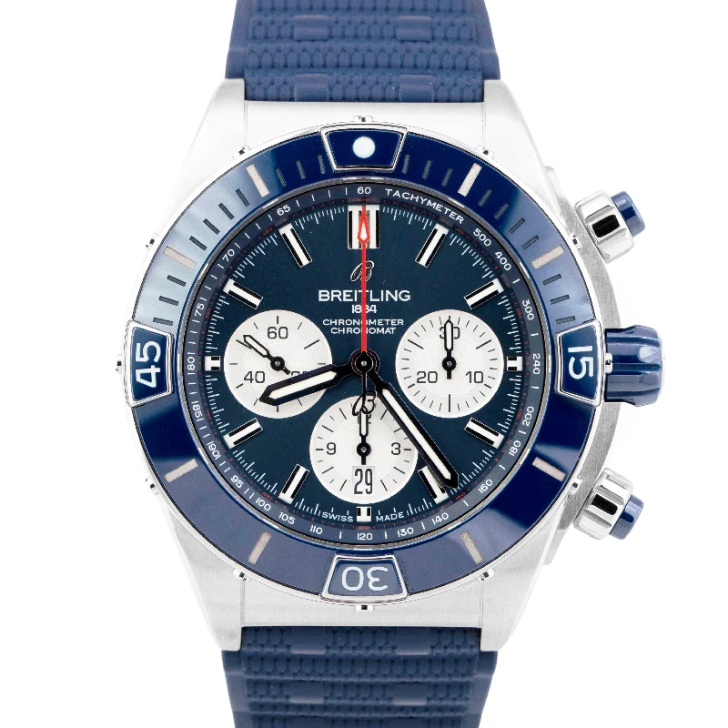 Stylish Watches with White Leather Straps-MINT PAPERS Breitling Super Chronomat B01 44mm Steel Blue 44mm Watch AB0136 BOX