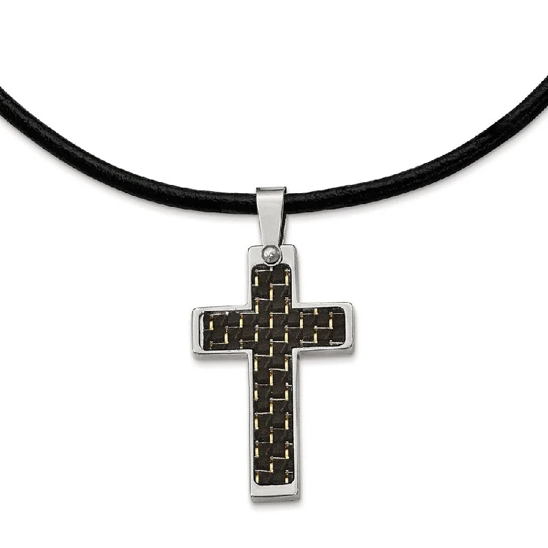 Elegant Choker Necklace for Brides-Stainless Steel and Black Carbon Fiber Cross and Leather Cord Necklace