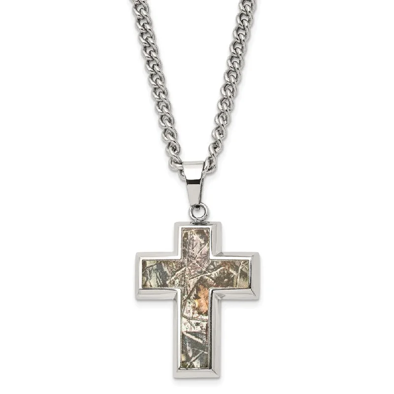 Elegant Chain Necklace for Weddings-Men's Stainless Steel Printed Hunting Camo Cross Necklace, 24 inch