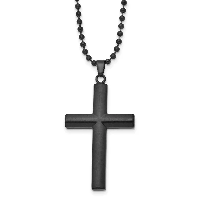 Bold Fashion Necklace for Evening Events-Men's Black Plated Stainless Steel Brushed Domed Cross Necklace, 24 In