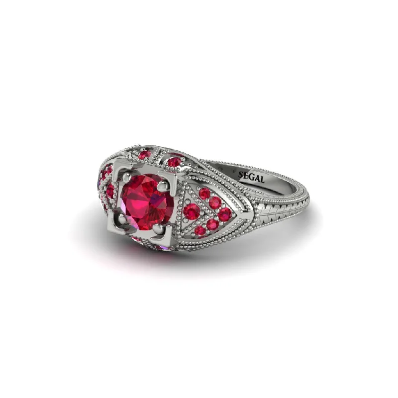 Wedding Band with Diamonds-Round Ruby Filigree Art Deco Vintage Engagement Ring - Bree No. 57