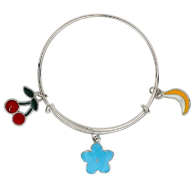 Personalized Bangles with Name-Mahi Cherry, Banana & Floral Shaped Enamel Work Charm Bracelet with Rhodium Plated for Kids (BRK1100888R)