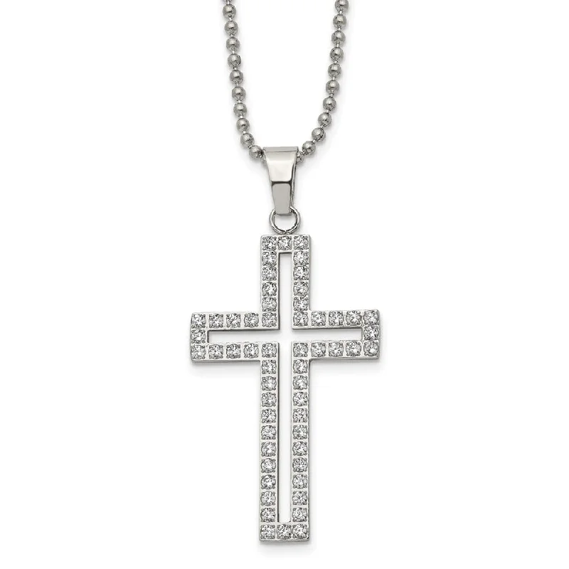 Custom Birthstone Necklace-Stainless Steel & White CZ Voided Cross Necklace, 22 Inch