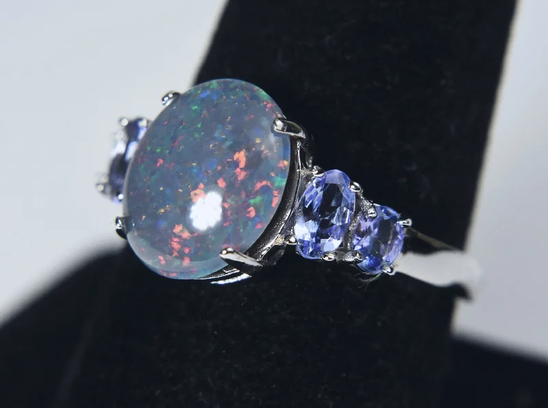 Designer Wedding Band for Men-Blue Opal Triplet and Tanzanite Sterling Silver Ring - Size 8.75