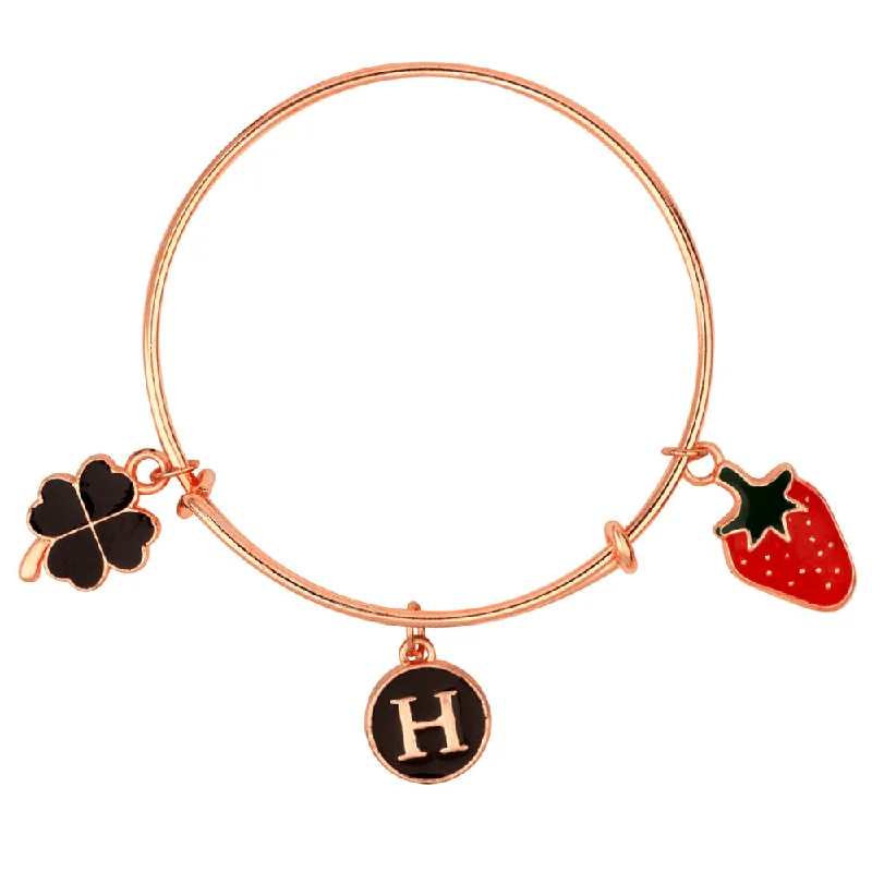 Stackable Rose Gold Bangles-Mahi H Letter Floral & Strawberry Shaped Charm Bracelet with Rose Gold Plated for Kids (BRK1100860Z)