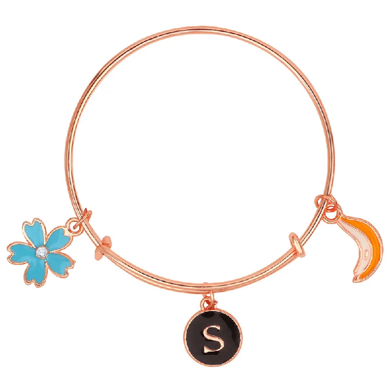 Chunky Bangles for Fashionistas-Mahi S Letter Banana & Floral Shaped Enamel Work Charm Bracelet with Rose Gold Plated for Kids (BRK1100874Z)