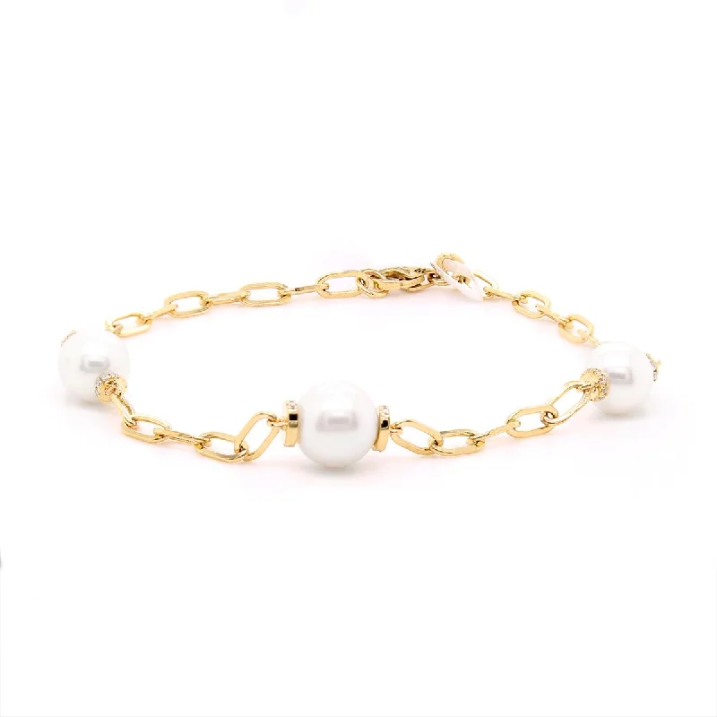 Custom Bracelets for Personalized Gifts-YELLOW GOLD PAPERCLIP FASHION BRACELET WITH PEARLS AND DIAMONDS, .12 CT TW