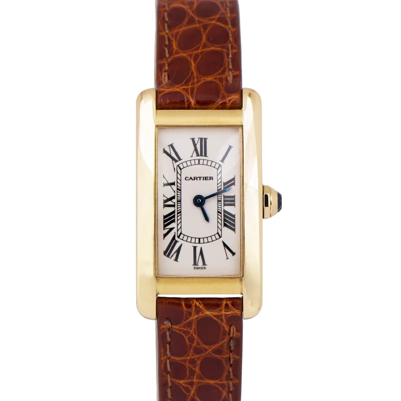 Classic Wrist Watches for Men-PAPERS Cartier Tank Americaine 18k Gold 18x28mm Ivory Quartz Leather 1710 BOX