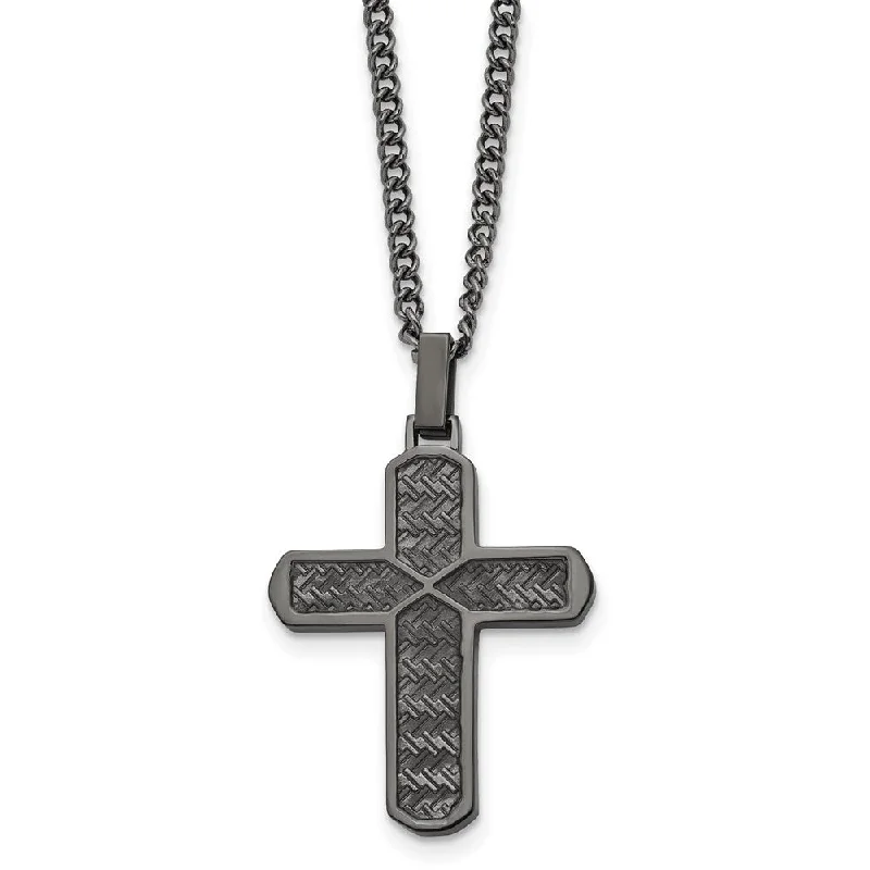 Gold Bar Necklace for Trendy Style-Men's Gunmetal Plated Stainless Steel Textured Cross Necklace, 22 Inch