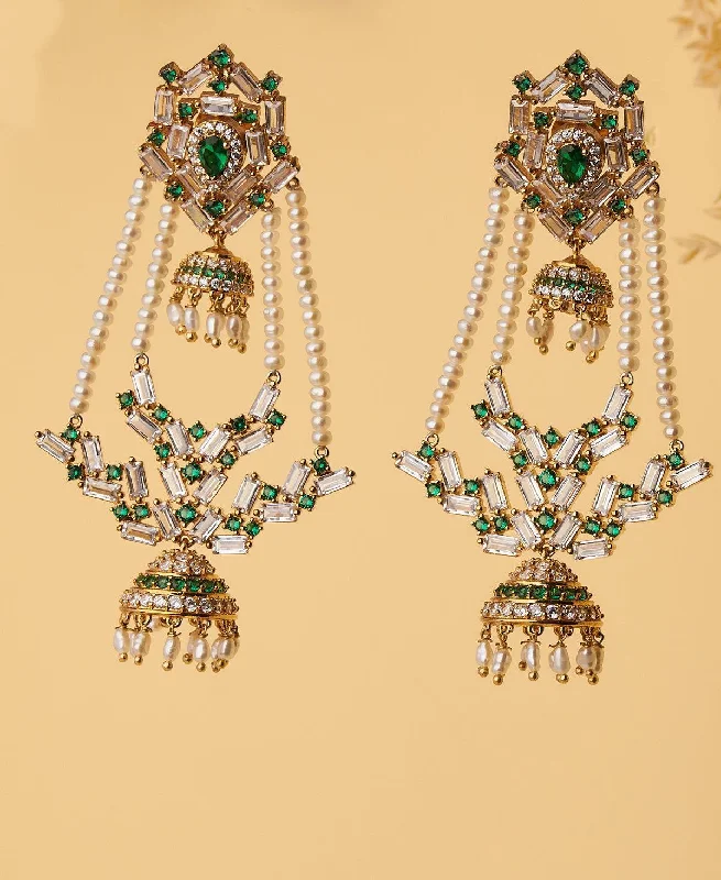 Stylish Earrings for Teen Girls-Rangabati Green Stones And Pearl Jhumkas