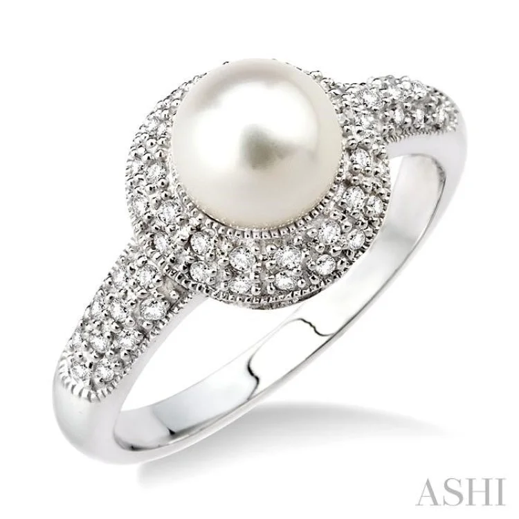 Pearl Ring for Elegant Look-6.5MM Cultured Pearl and 1/4 Ctw Single Cut Diamond Ring in 14K White Gold