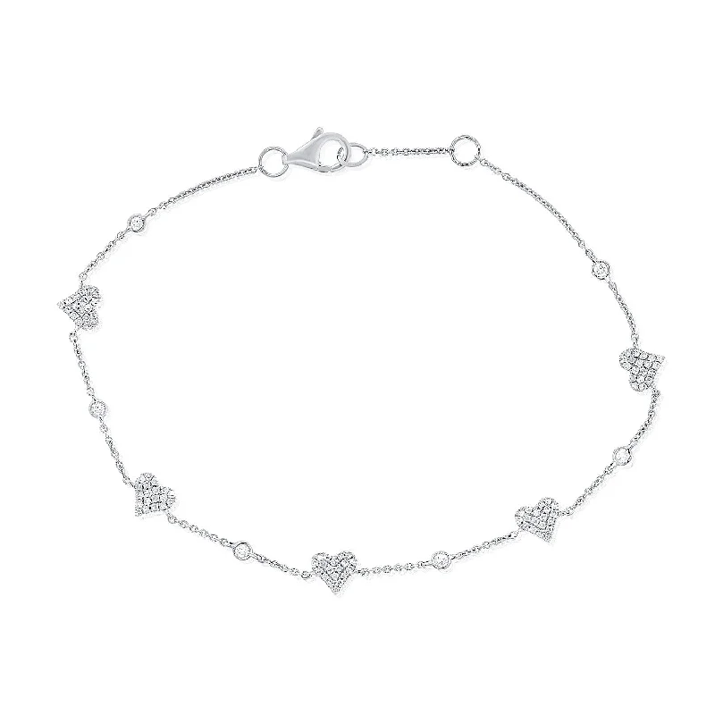 Elegant Bracelet for Bridesmaids-14K White Gold Diamond Pave Heart & Bezel Diamond Bracelet