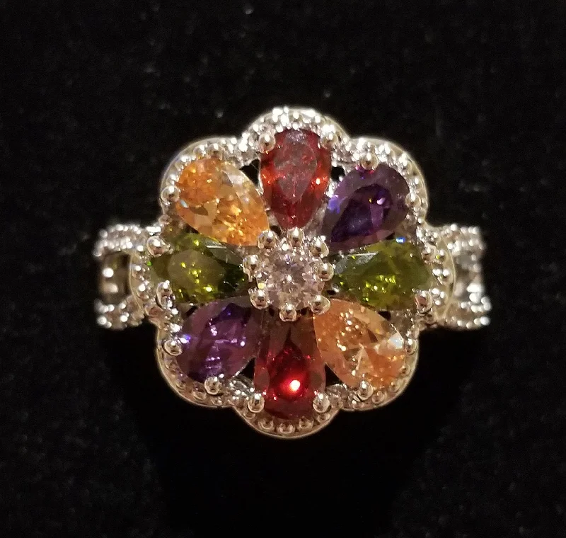 Simple Engagement Ring for Minimalist Style-Sterling Silver Ring with Multicolored Crystal Flower - Size 7.5