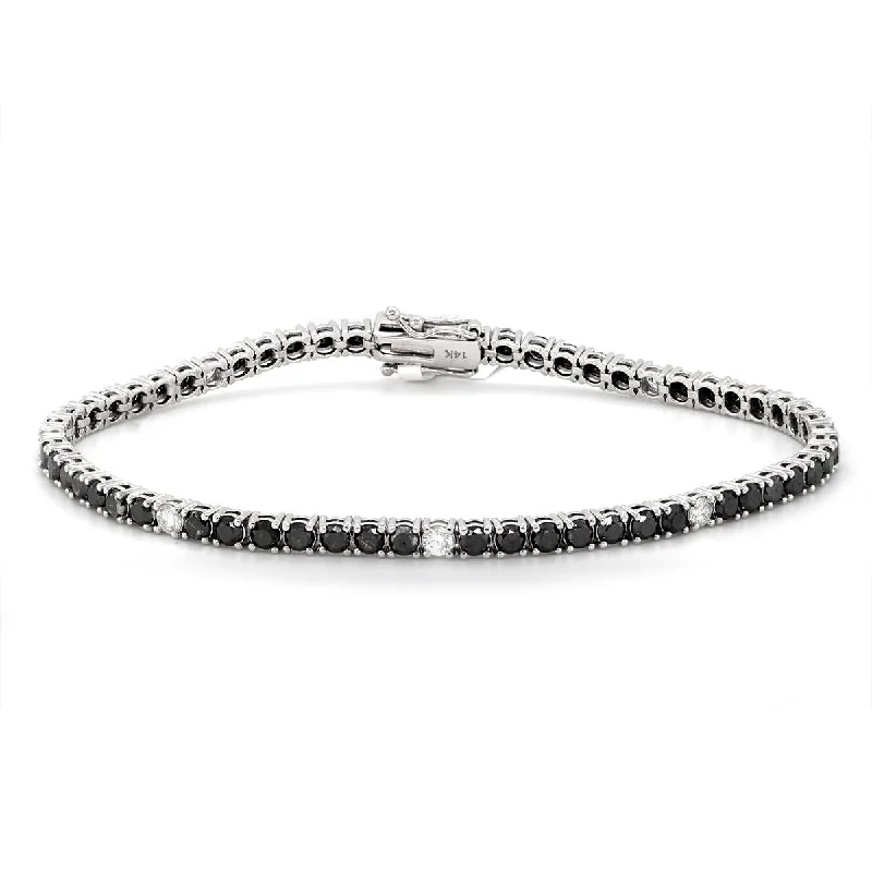 Luxury Gold Bracelet with Gemstones-WHITE GOLD BLACK AND WHITE DIAMOND TENNIS BRACELET, 6.75 CT TW