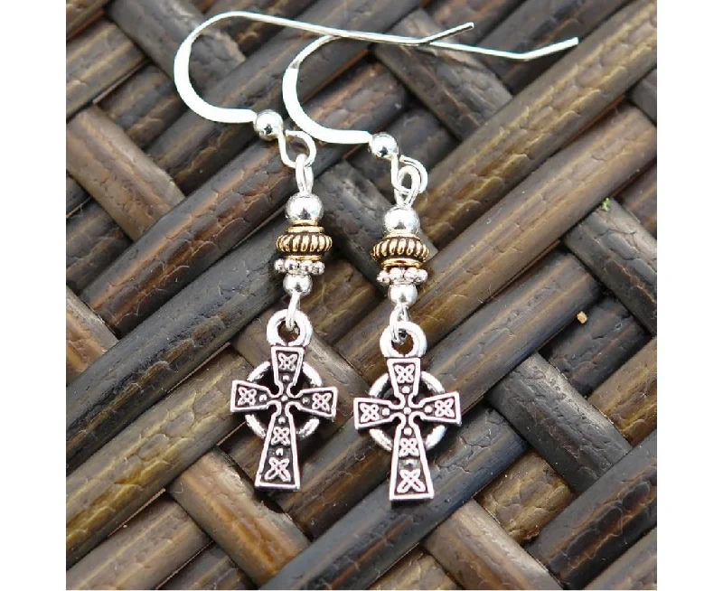 Geometric Earrings for Women-Celtic Cross with Gold Details Earrings by Cruthú