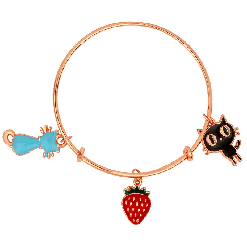 Modern Silver Bangles for Trendy Style-Mahi Strawberry & Cat Shaped Rose Gold Plated Enamel Work Charms Bracelet for Girls (BRK1100865Z)