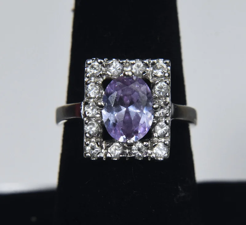 Simple Engagement Ring for Elegant Look-Sterling Silver Rectangle Halo Amethyst Ring - Size 7