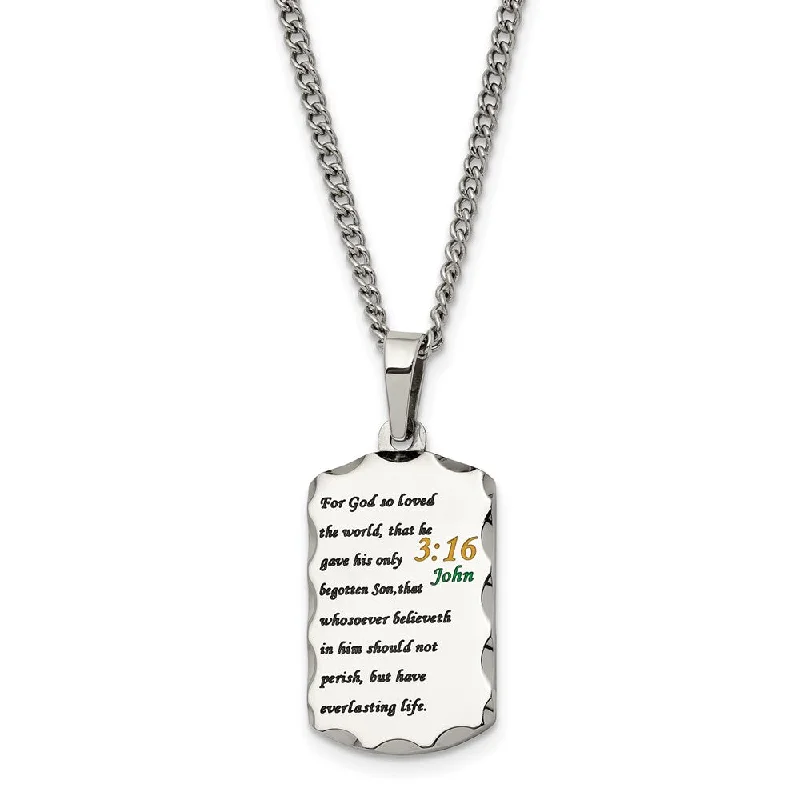 Luxurious Diamond Necklace-Stainless Steel Acid Etched John 3:16 Small Dog Tag Necklace, 24 Inch