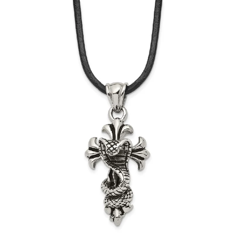 Gold and Silver Necklace for Casual Looks-Men's Stainless Steel & Leather Antiqued Snake Cross Necklace, 20 Inch