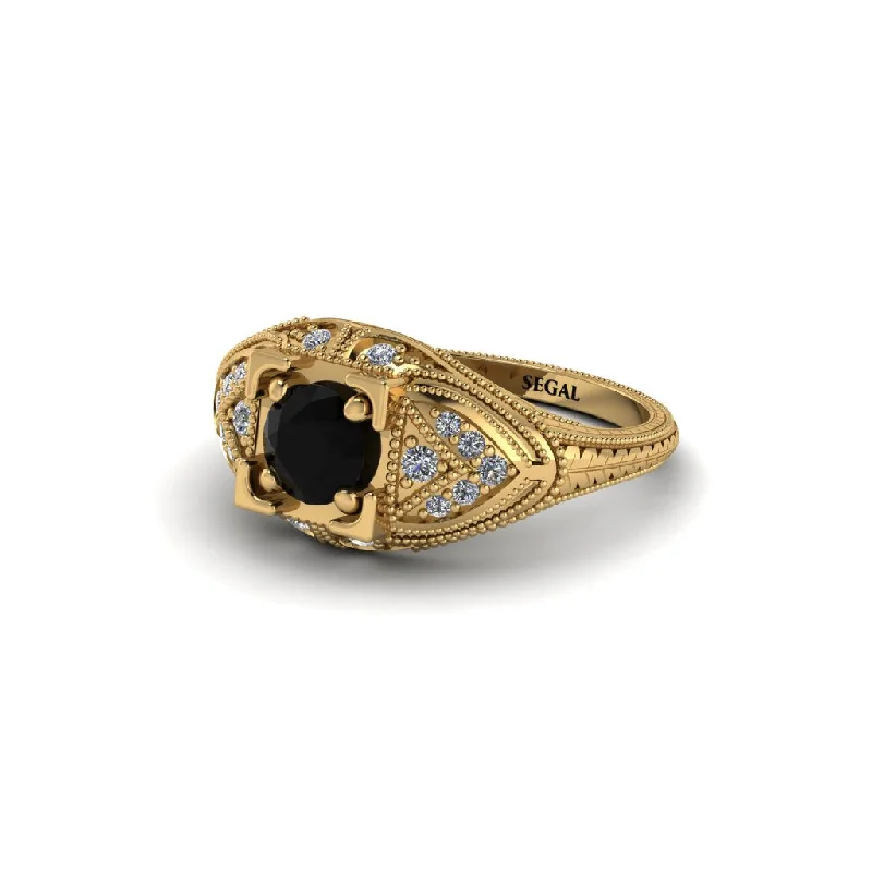 Black Wedding Band for Men-Round Black Diamond Filigree Art Deco Vintage Engagement Ring - Bree No. 7