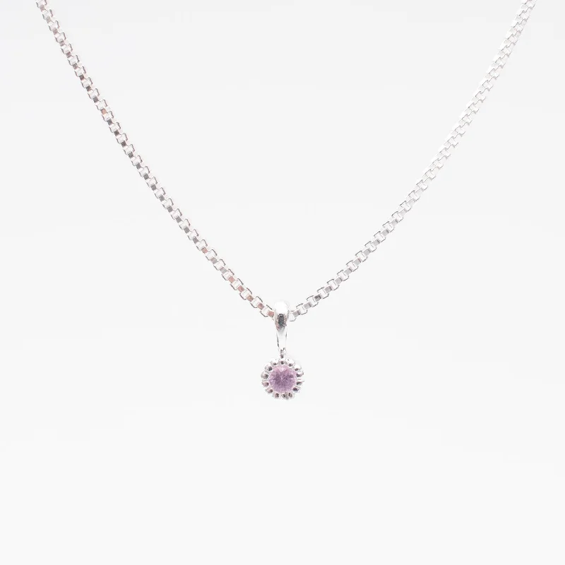 Personalized Birthstone Necklace for Mom-Silver Tiny Milgrain Edge Pink Sapphire Necklace