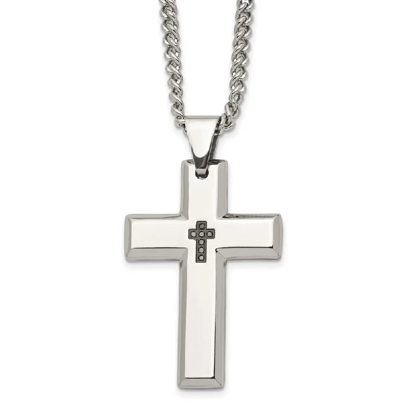 Sterling Silver Necklace with Pendant-Men's Stainless Steel and Black Diamond Cross Necklace - 22 Inch