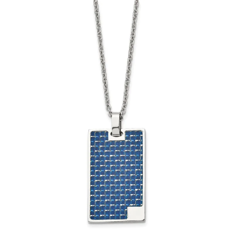 Vintage Gold Necklace for Classic Look-Stainless Steel & Blue Carbon Fiber Inlay Dog Tag Necklace, 22 Inch