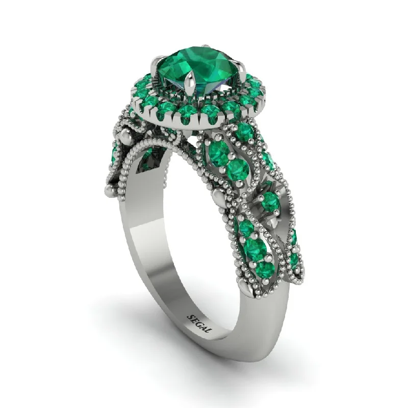 Silver Wedding Ring Set for Couples-Exclusive Halo Emerald Milgrain Engagement Ring - Kendra No. 21