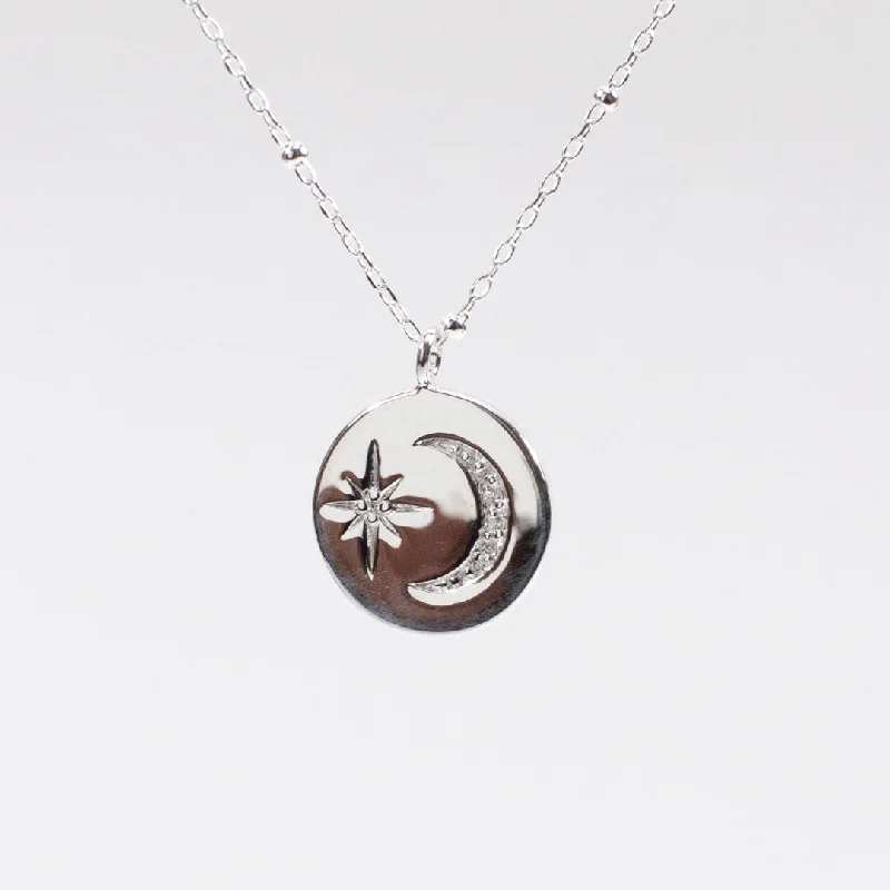 Beautiful Necklace for Evening Party-Silver Disc Moon & Star Necklace