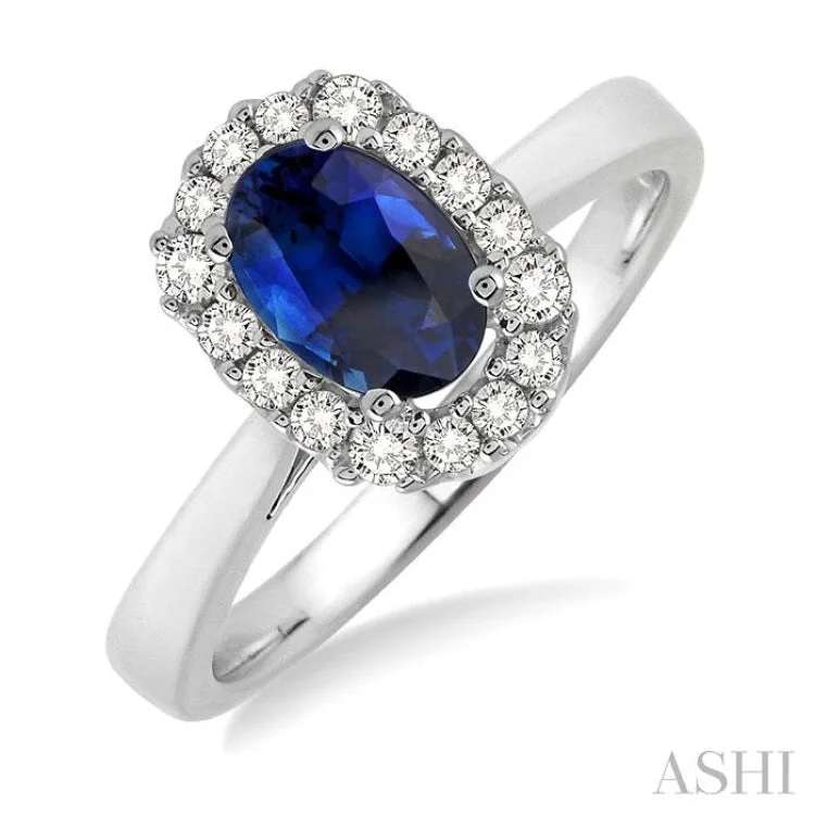 Handcrafted Engagement Ring for Women-6x4 MM Oval Cut Sapphire and 1/6 Ctw Round Cut Diamond Ring in 14K White Gold