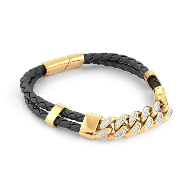 Simple Chain Bracelet for Everyday Style-MEN'S YELLOW TONE STAINLESS STEEL CURB LINK BRACELET WITH CUBIC ZIRCONIA