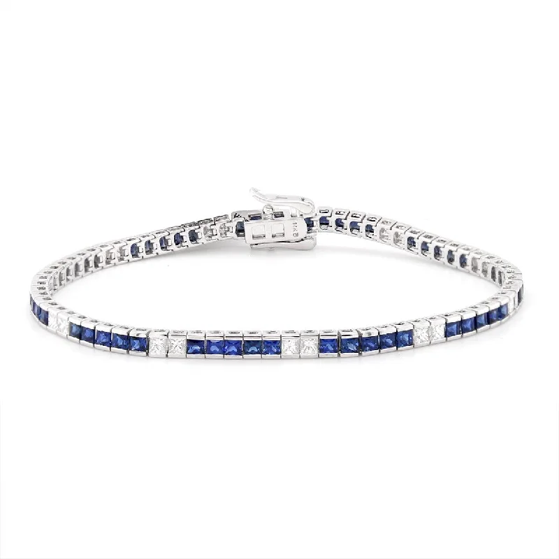 Stackable Charm Bracelets for Trendy Looks-WHITE GOLD BRACELET WITH SQUARE SAPPHIRES AND DIAMONDS, 1.44 CT TW