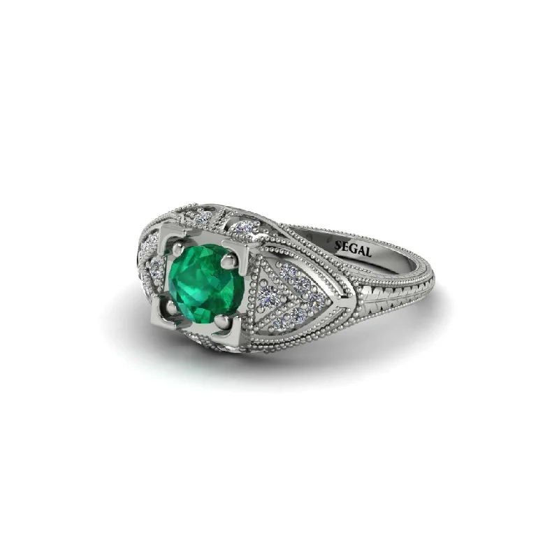 Elegant Gold Ring for Brides-Round Emerald Filigree Art Deco Vintage Engagement Ring - Bree No. 6